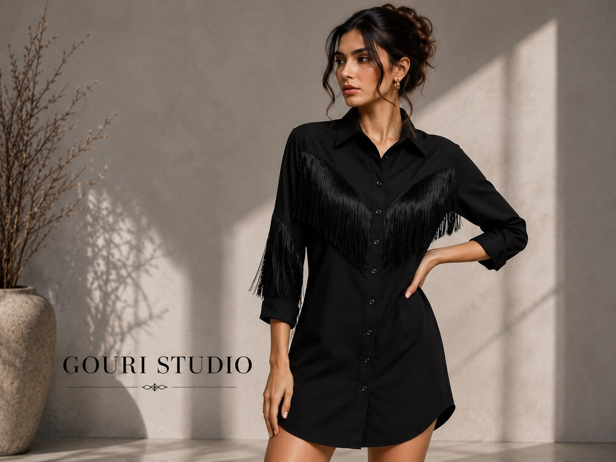 Black Fringe Shirt Dress