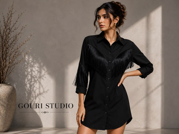 Black Fringe Shirt Dress